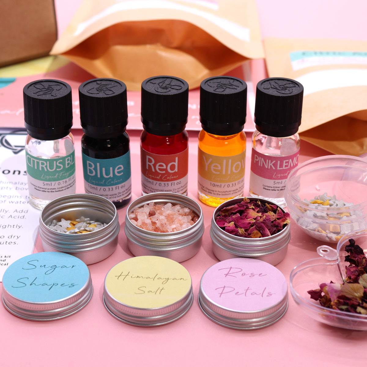 Badebombe DIY kit pink lemonade og citrus blast ingredienser