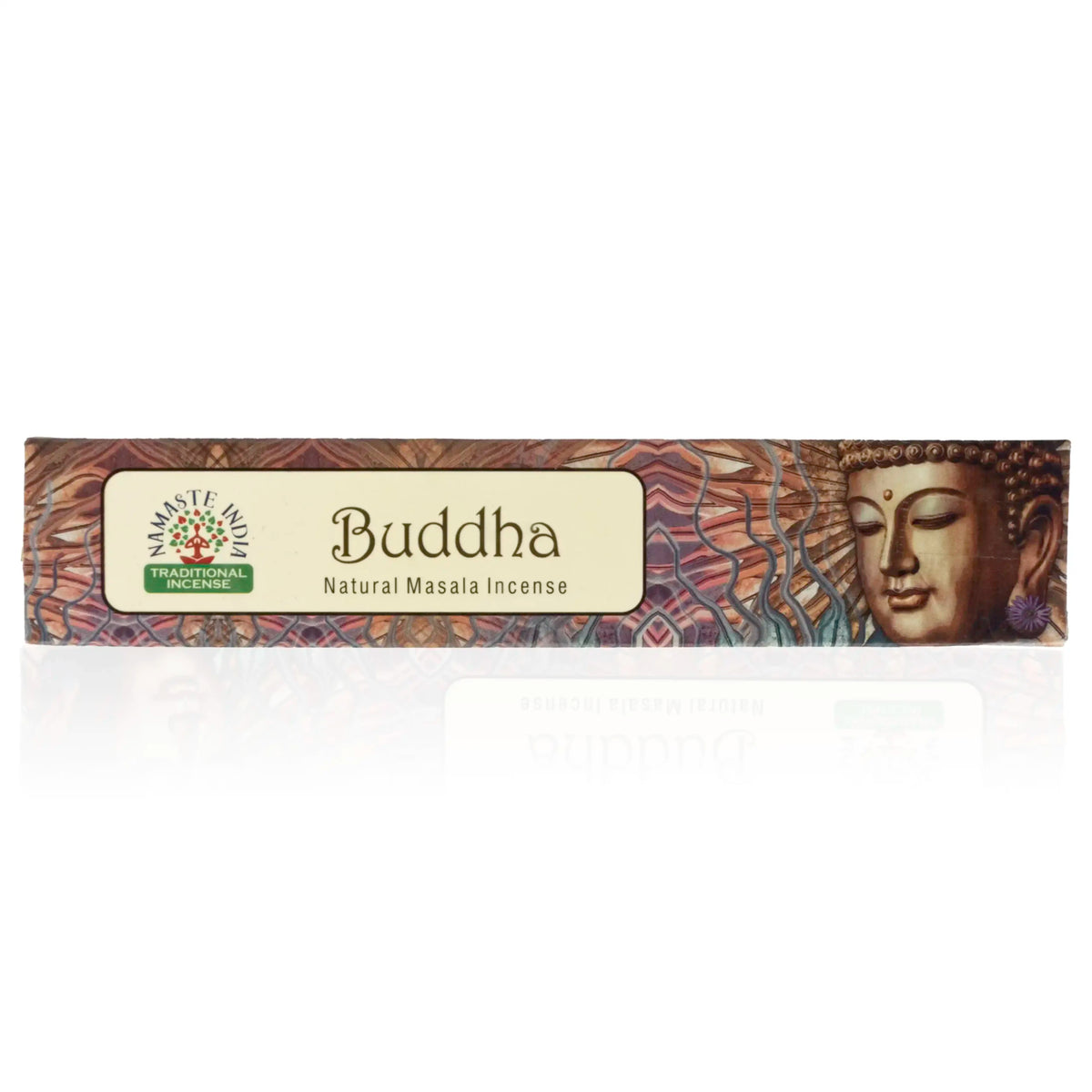 Buddha røgelsespinde fra Namaste i brun emballage med et billede af Buddha i fokus.
