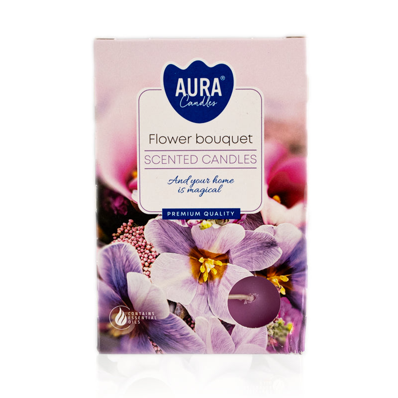 Flower Bouquet duft fyrfadslys i pap emballage med lyselilla og lyserøde blomster påtrykt