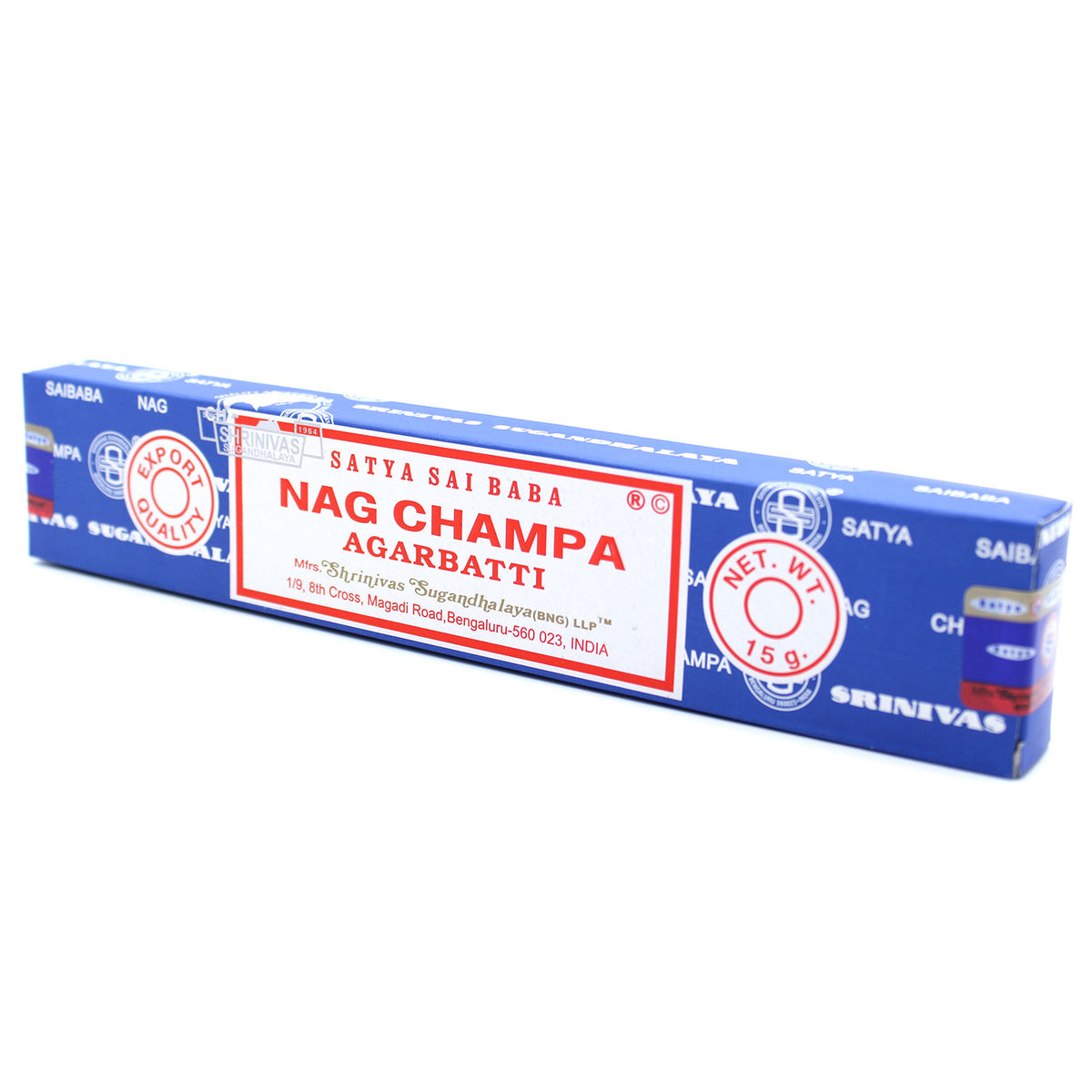 Nag Champa røgelsespinde med fokus på forsiden som beskriver hvad der er i kassen