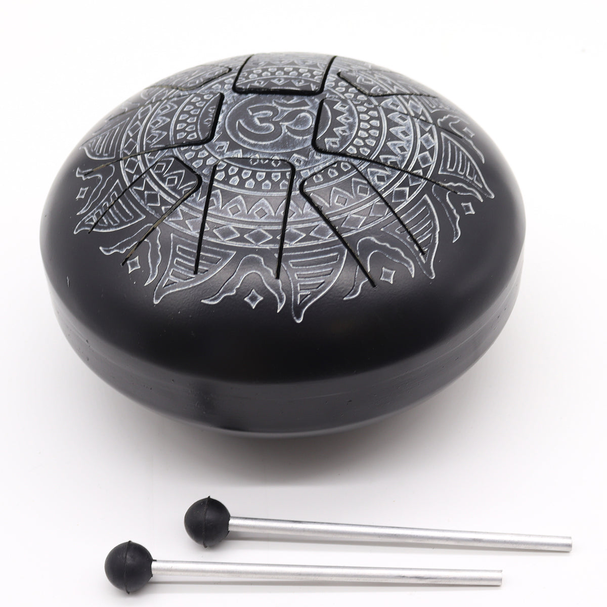 OM Mandala stål tongue tromme i sort med trommestikker