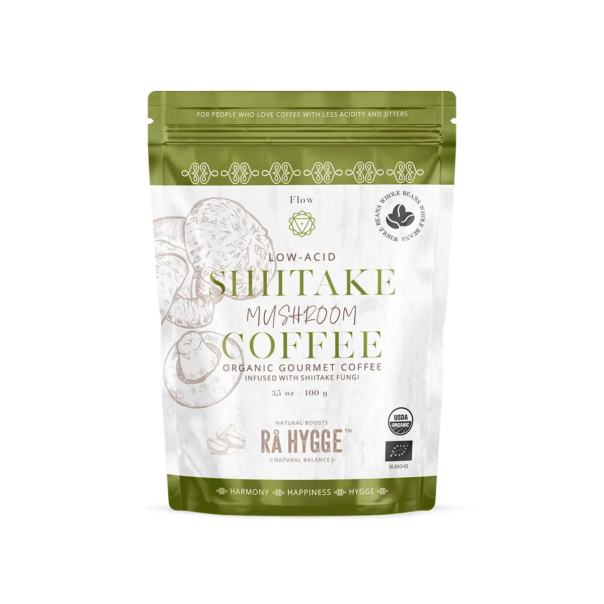 shiitake svampekaffe i plast pose med grønne nuancer