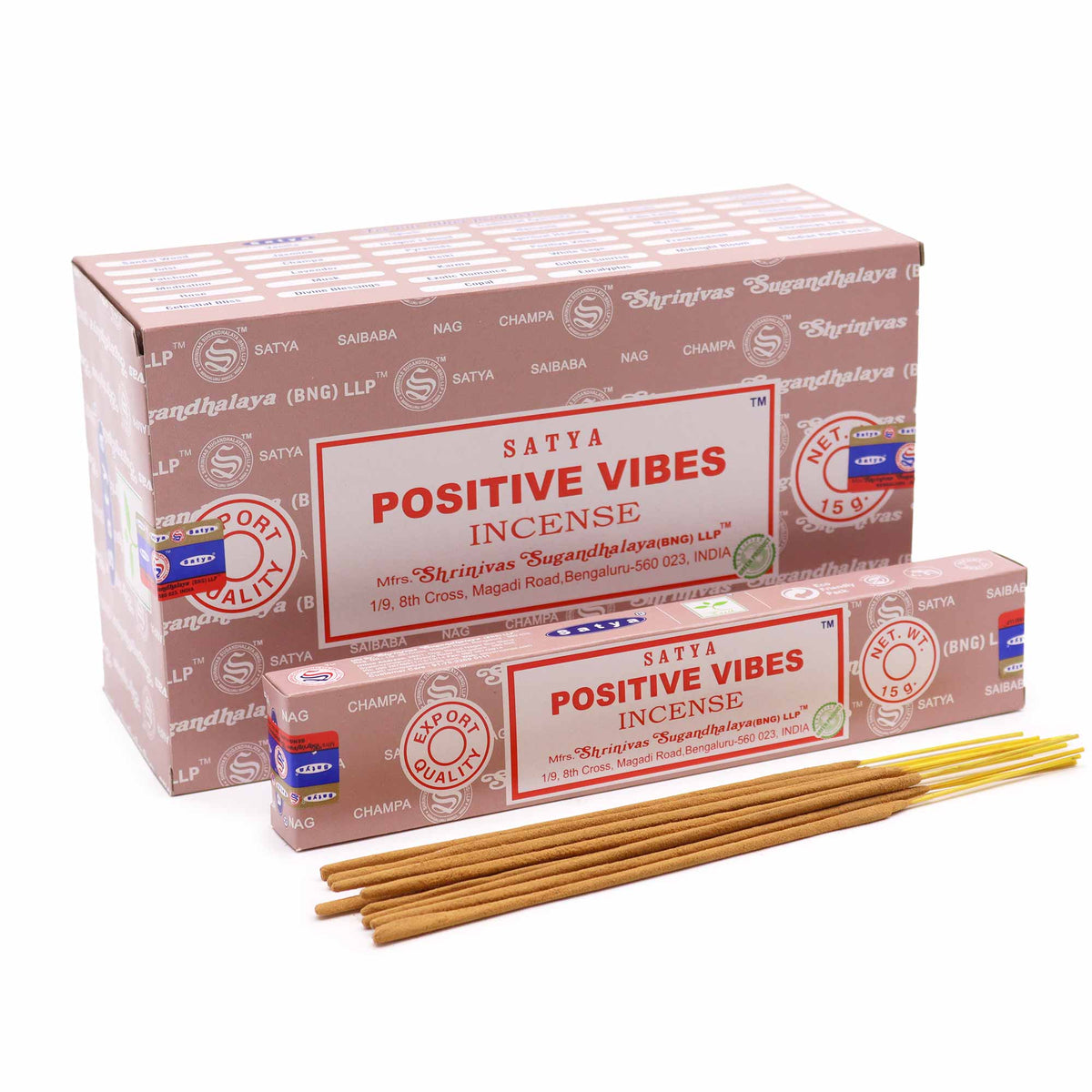positive vibes røgelsespinde Satya i lyserød æske