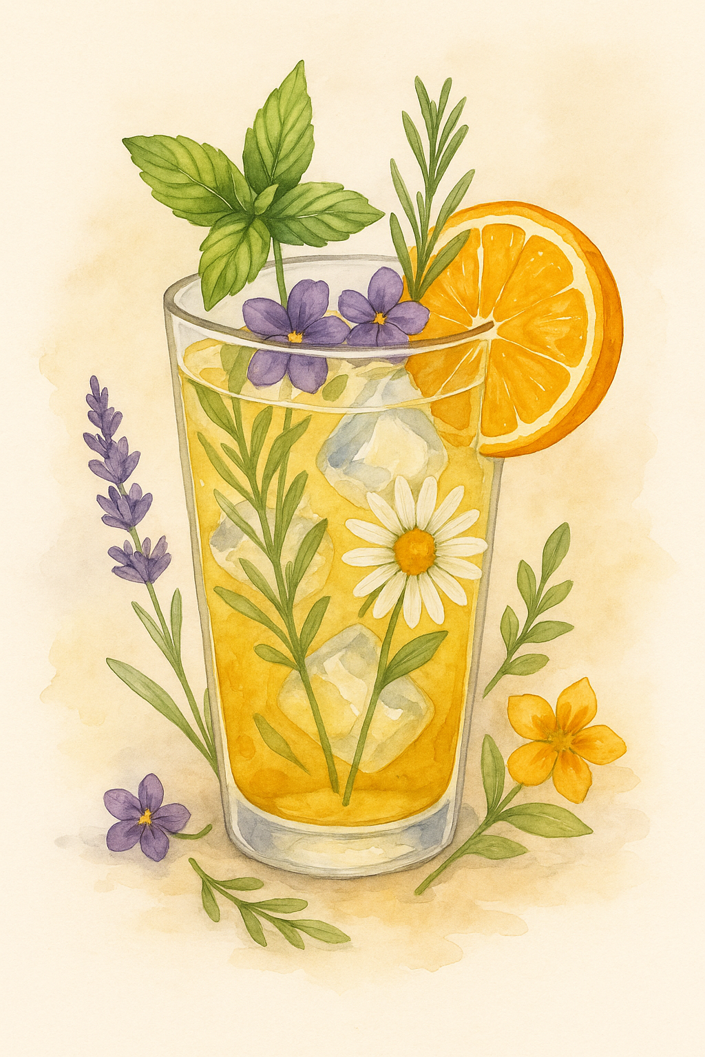 Illustration af holistisk sommerdrik med isterninger og urter og en skive appelsin på siden af glasset