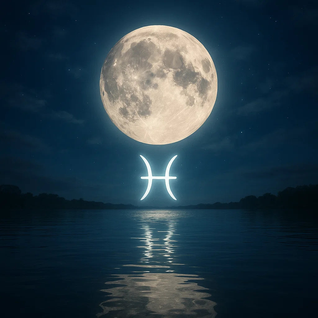 Billede af en fuldmåne over havet med et lysene Fiskenes stjernetegn symbol mellem månen og havet.
