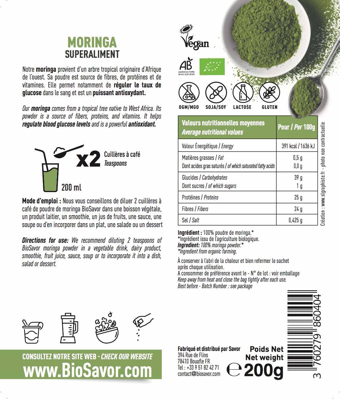 Moringa pulver fra BioSavor, økologisk og 200 gram grønt pulver