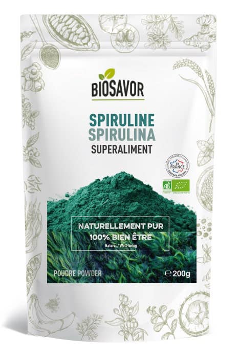 Økologisk spirulinapulver, 200 g dybt blågrønt pulver af tørret alge
