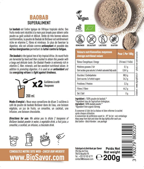Baobab pulver fra BioSavor, 100 procent økologisk frugtkød, 200 gram
