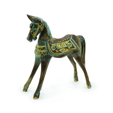 Antik Hest i Træ | Turkis & Guld | 24 x 35 x 9 cm