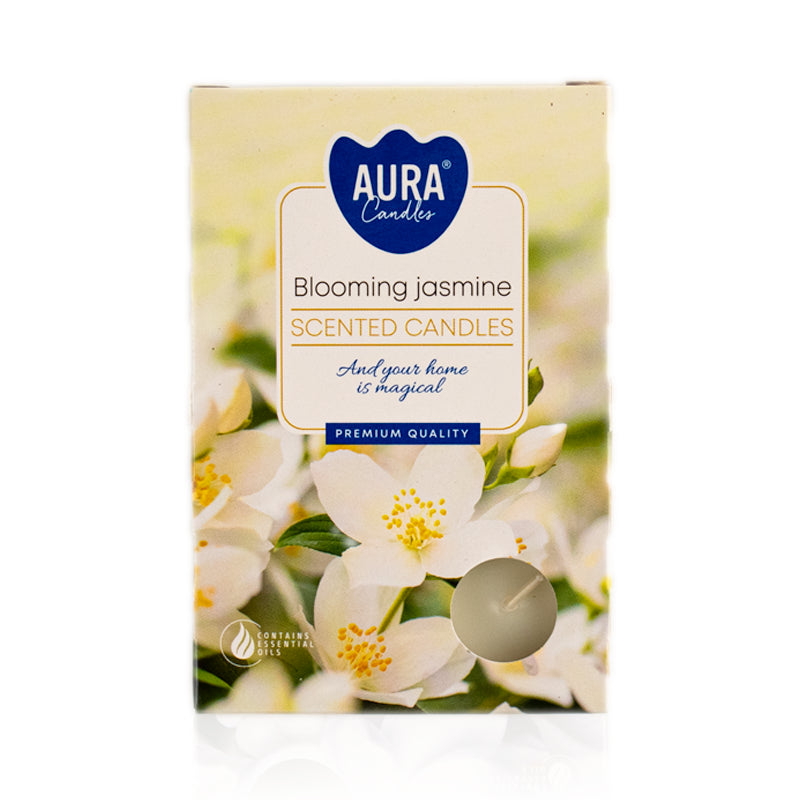 Blooming Jasmine duft fyrfadslys i pap emballage med hvide jasmin blomster påtrykt