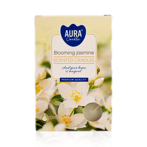 Blooming Jasmine duft fyrfadslys i pap emballage med hvide jasmin blomster påtrykt