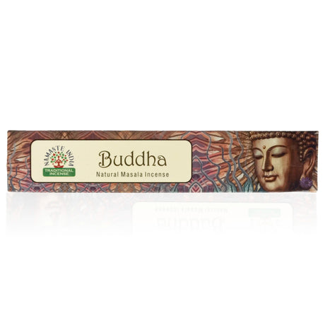 Buddha røgelsespinde fra Namaste i brun emballage med et billede af Buddha i fokus.