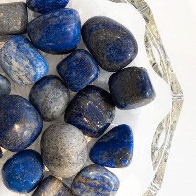 Lapis Lazuli krystal en skål med flere. Smuk mørkeblå farve med små skinnende guld stykker blandet i farven.