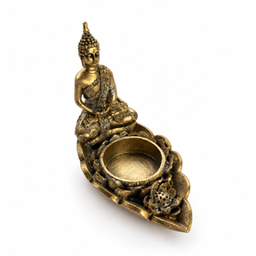 Fyrfadsstage i harpiks med buddhamotiv, cirka 11 x 6,5 x 10 cm