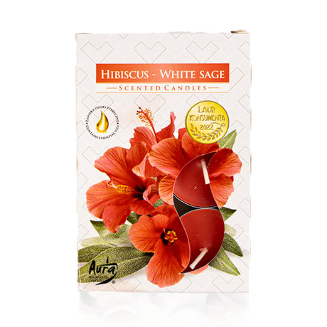 Hibiscus White Sage duft fyrfadslys I pap emballage med hibiscus blomster og salvie blade påtrykt