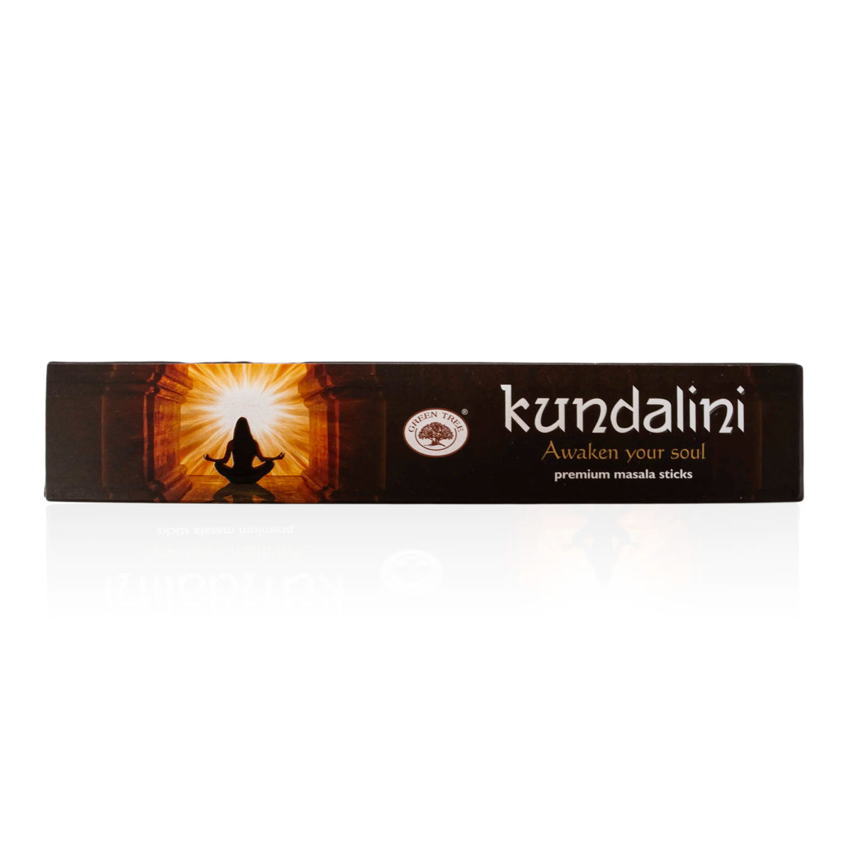 Kundalini røgelsespinde fra Green Tree I sort emballage med en person siddende og meditere oplyst i venstre side