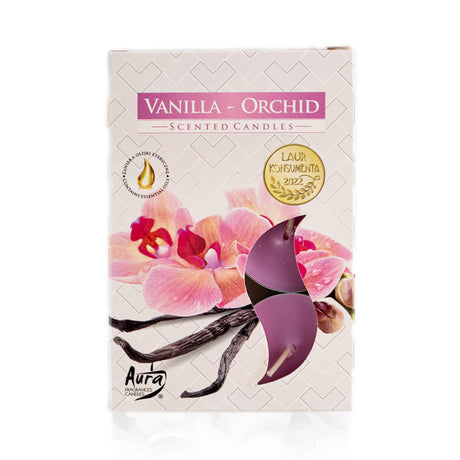 Vanilla Orchid duft fyrfadslys med emballage i pap med påtrykt lyserøde orkidéer og vanilje stænger