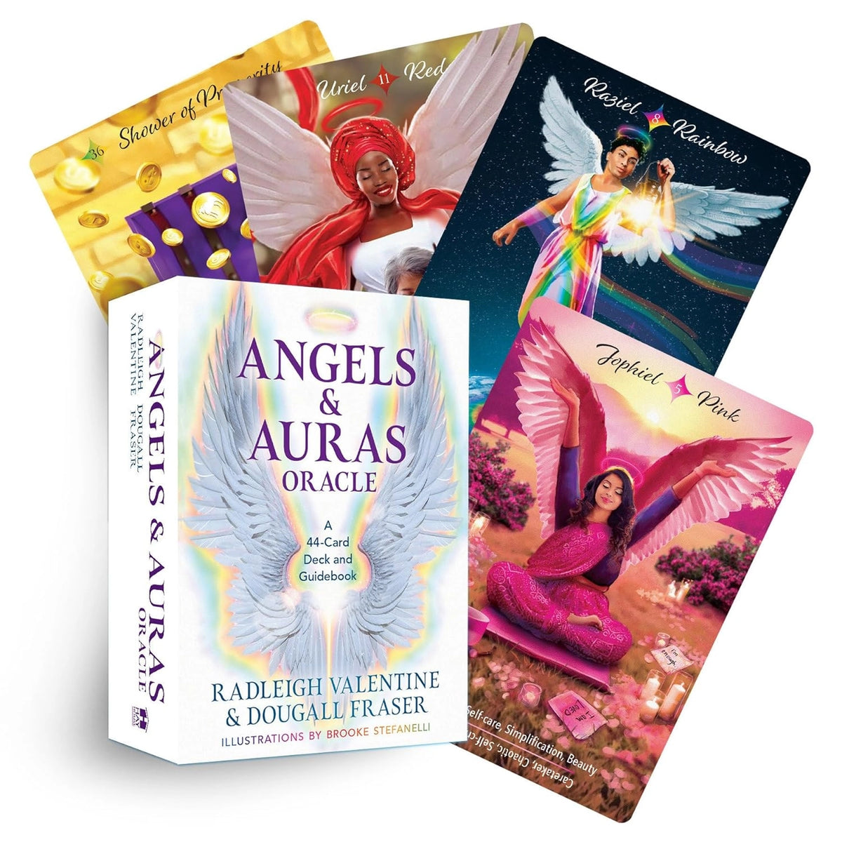angels & auras orakelkort i lyseblå æske med englevinger der har en regnbue aura omkring sig