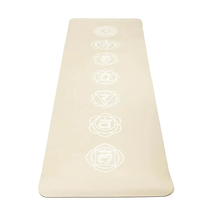 beige chakra yogamåtte med hvidt print