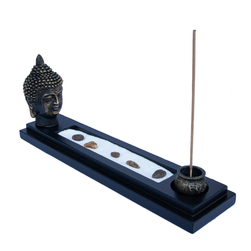 Buddha røgelsesholder i guldfarvet harpiks, cirka 28 x 6 x 12 cm
