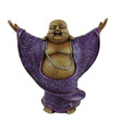 buddha med åbne omfavnende arme iført et lilla stykke klæde og en mala kæde om halsen