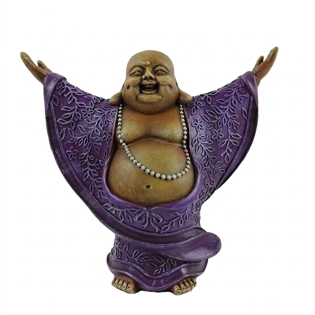 buddha med åbne omfavnende arme iført et lilla stykke klæde og en mala kæde om halsen