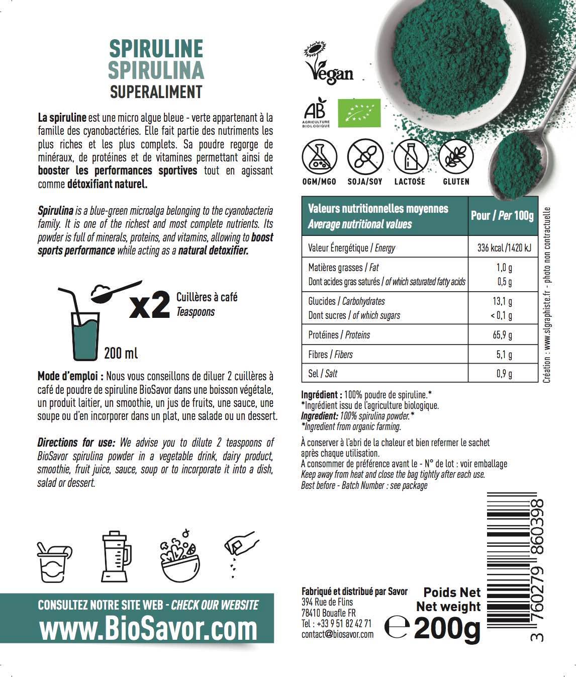 Spirulinapulver i 200 g, 100 procent økologisk blågrønalge med frisk smag