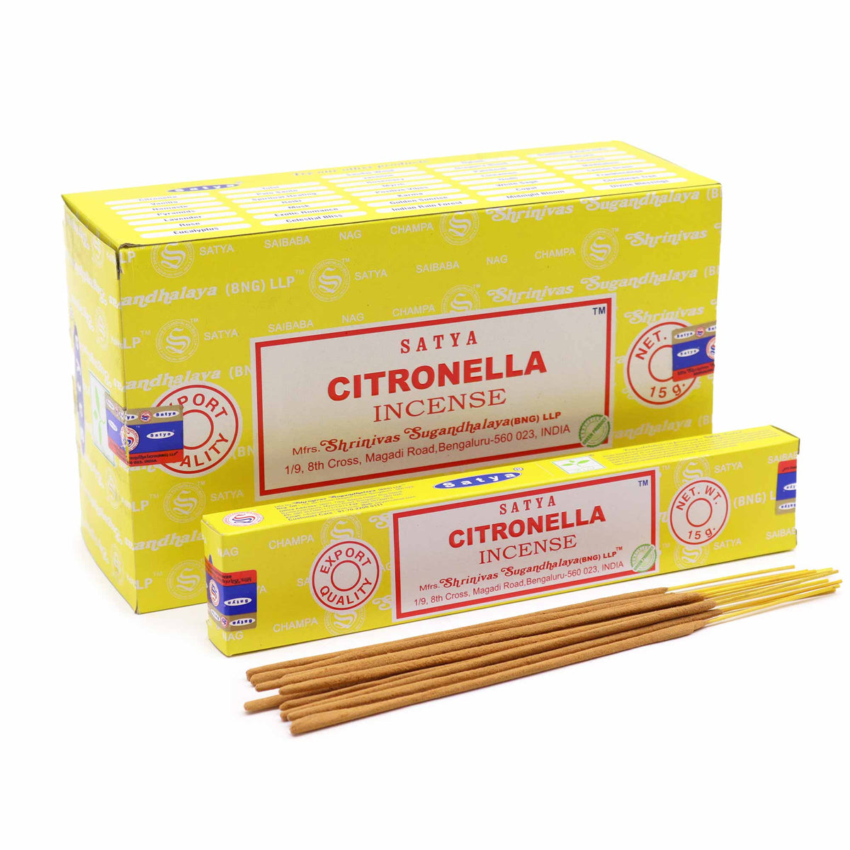 citronella røgelsespinde Satya i gul æske
