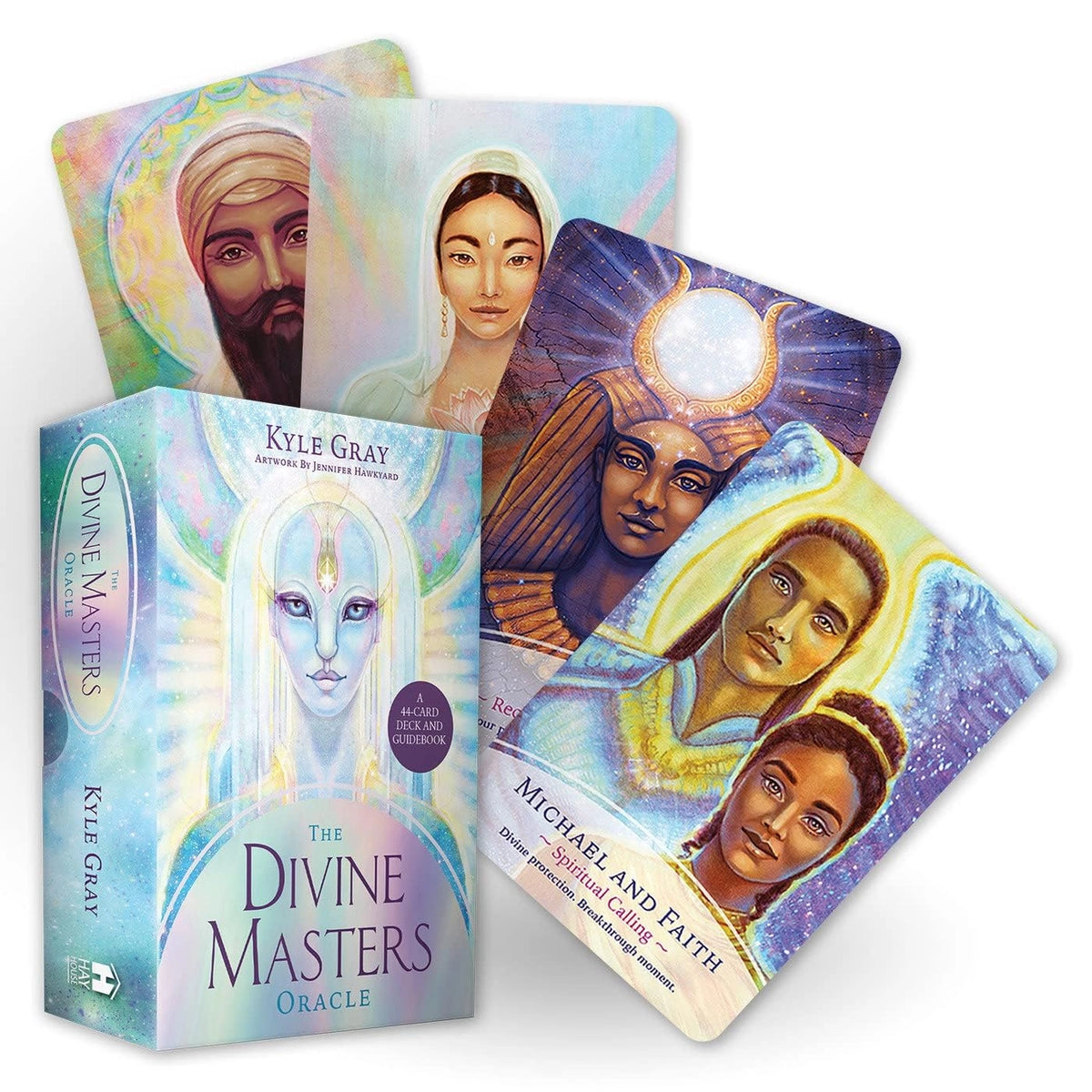 divine masters kyle gray orakelkort i blå æske med regnbue farver og et åndeligt væsen