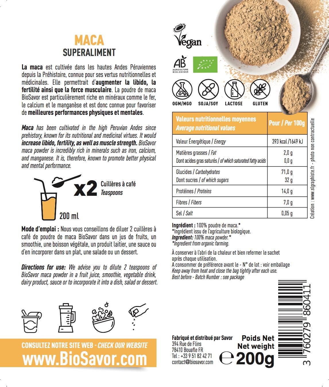 Økologisk macapulver fra BioSavor i pakning på 200 gram plantepulver