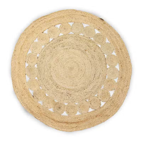 Stort rundt tæppe i jute og bomuld med cirkelmønster, Ø 120 cm, ca. 2,1 kg