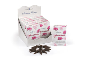 geranium røgelseskegler med keglerne liggende ved siden af en boks
