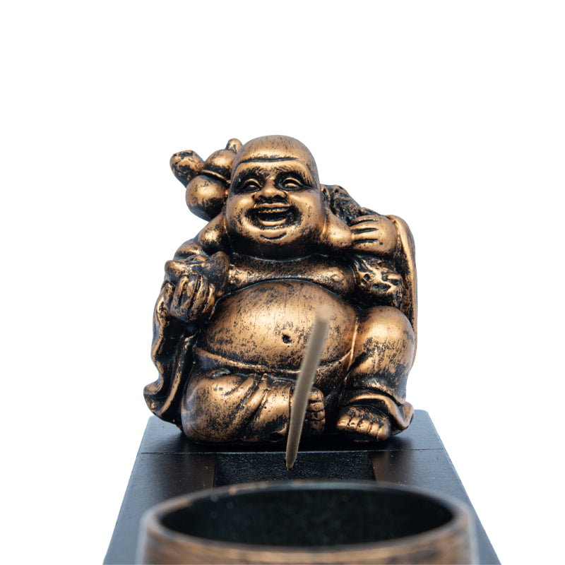 Guldfarvet Laughing Buddha til røgelsespinde, 24 cm lang og 8,5 cm høj