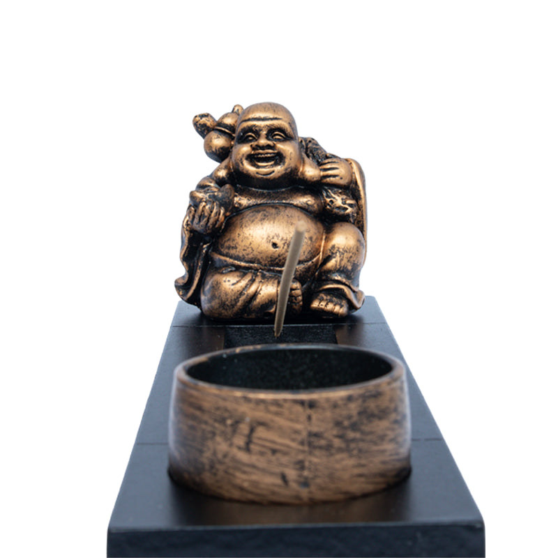 Holder til røgelsespinde med Laughing Buddha i guldfarvet harpiks, 24 cm