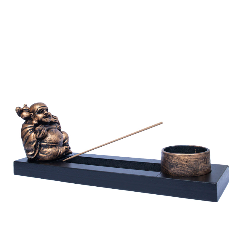 Røgelsesholder i harpiks med gylden finish, cirka 24 x 7 x 8,5 cm