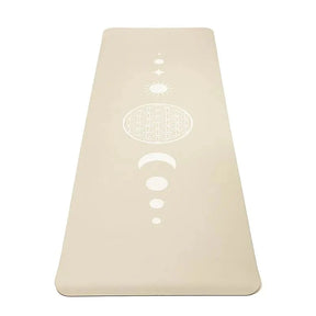 beige livets blomst yogamåtte med hvidt print