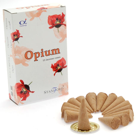 opium røgelseskegler fra stamford med røgelseskegler liggende foran papæsken