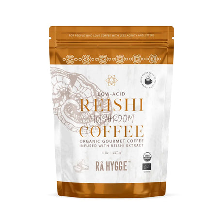 reishi filtermalet kaffe forside af pose med orange nuancer