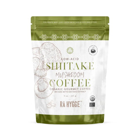 shiitake filtermalet økologisk kaffe i plast pose med grønne nuancer