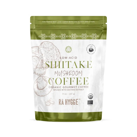 shiitake filtermalet økologisk kaffe i plast pose med grønne nuancer
