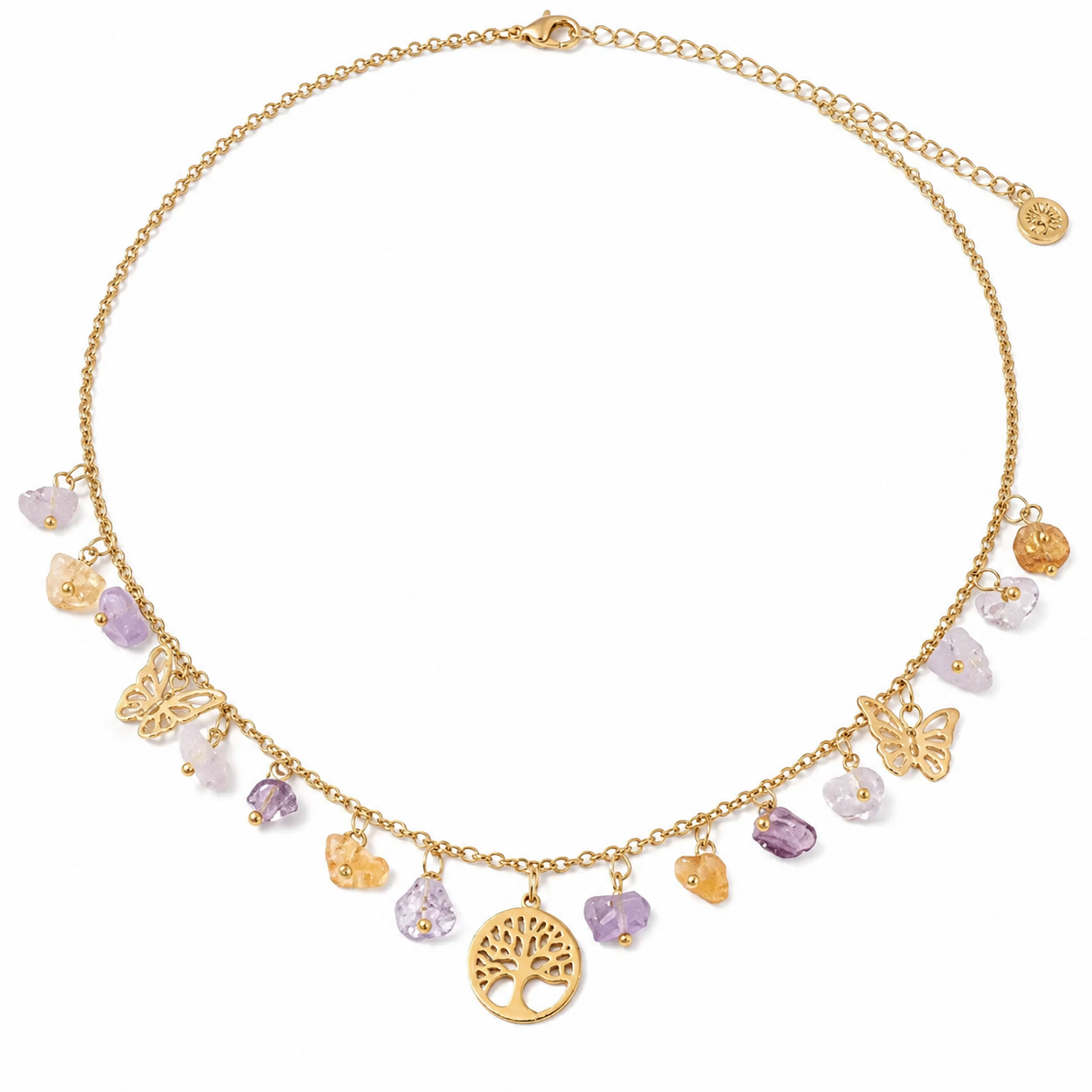 Livets Træ | Ametyst & Citrin | Krystal Halskæde | 45 cm | 18 Karat Guldbelagt